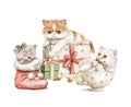 Watercolor composition with Christmas little kittens characters Royalty Free Stock Photo