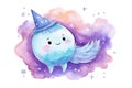 Watercolor cute comet cartoon character, concept of Outer space drawings, created with Generative AI technology