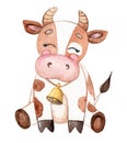Watercolor cute brown cow with bell isolated on white background. Farm animals print Royalty Free Stock Photo
