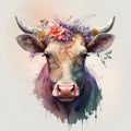 Watercolor cute cow with a pink nose and a wreath of flowers on its head. Royalty Free Stock Photo