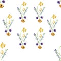 Watercolor Cute Delicate Romantic Flowers Seamless Fabric Pattern Digital Paper Royal Purple Orange