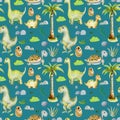 Watercolor cute dinosaurs and prehistoric turtles seamless pattern Royalty Free Stock Photo