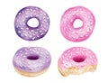 Watercolor cute donuts set. Hand painted pink and purple doughnut with glaze and sprinkles illustration isolated on Royalty Free Stock Photo