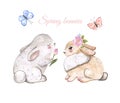 Watercolor Cute Easter Bunnies Set. Hand Painted Baby Rabbits And Spring Flowers, Isolated On White Background. Cartoon Style