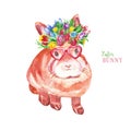 Watercolor cute Easter bunny. Hand painted small rabbit in flower crown and sunglasses, isolated on white background. Baby animal