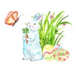 Watercolor cute easter rabbit with carrot standing near colored eggs end green grass. hand painted cartoon baby bunny