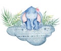 Watercolor cute elephant sitting on the cloud animal illustration Royalty Free Stock Photo