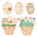 Watercolor cute ester eggs set illustration, wildflowers clip art, egg in the basket composition