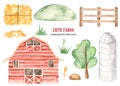 Watercolor cute farm with barn, granary, hay, shovel, wooden fence, hill, tree, grass Royalty Free Stock Photo