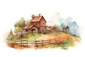 Watercolor cute farm with barn, granary, hay, shovel, wooden fence, hill, tree, grass. Generative AI Royalty Free Stock Photo