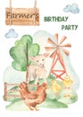 Watercolor cute farm card with lamb, chickens, meadow