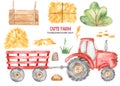 Watercolor cute farm with a red tractor with a trailer, hay, plate, bush