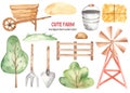 Watercolor cute farm with wind water pumping, pitchfork, shovel, fence, wheelbarrow, bucket
