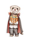 Watercolor cute ferret character in halloween vampire dracula costume with pumpkin candy bucket