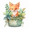 Watercolor cute Fox and floral tropical bouquets. rest on tre lowers, Ai Generative