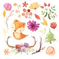 Watercolor cute fox and foreas flowers and plants