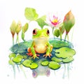 Watercolor cute frog on the pond with lotus flowers, isolated on white background, ai generation Royalty Free Stock Photo