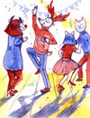 Watercolor cute funny animals danse at New year disco. Bright colorful illustration.