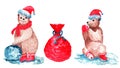 Watercolor set of christmas cute bears in santa claus clothes