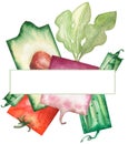 Watercolor cute garden vegetables frame, harvest illustration, avocado, cucumber, tomato, peas, raddish and cucumber clipart