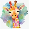 Watercolor cute giraffe. Cartoon style. Generative Ai