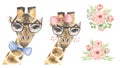 Watercolor Cute Giraffe Portrait Clipart, fashion animals face clipart, Summer Party Clipart, peony flowers bouquet, Floral Royalty Free Stock Photo