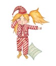 Watercolor cute girl in a coverlet with pillow on white background. For kids