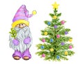 Watercolor Cute Gnome with Christmas Tree. Little Gnome in funny hat with spruce. Holidays elf for New year greetings card or