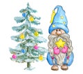 Watercolor Cute Gnome with Christmas Tree. Little Gnome in funny hat with star. Holidays elf for New year greetings card or