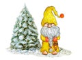 Watercolor Cute Gnome with Christmas Tree. Little gnome in funny hat with flashlight. Holidays dwarf for New year greetings card