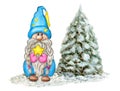 Watercolor Cute Gnome with snowy Christmas Tree. Little Gnome in funny hat with star. Holidays dwarf for New year greetings card