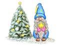 Watercolor Cute Gnome with snowy Christmas Tree. Little Gnome in funny hat with star. Holidays dwarf for New year greetings card