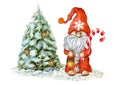 Watercolor Cute Gnome with Christmas Tree. Little gnome in funny hat with candy cane and flashlight. Holidays dwarf for New year