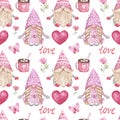 Watercolor Valentine gnomes seamless pattern. Cute elf repeat print with hot cocoa? pink heart, flowers on white background Royalty Free Stock Photo