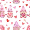 Watercolor cute gnomes seamless pattern. Valentines day themed design. Hand drawn Nordic gnome print. Pastel pink color palette. Royalty Free Stock Photo