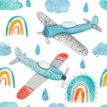 Watercolor cute hand-drawn seamless children simple pattern with aircraft, rainbows, clouds and drops on a white