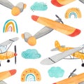Watercolor cute hand-drawn seamless children simple pattern with aircraft, rainbows, clouds and drops on a white