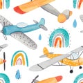 Watercolor cute hand-drawn seamless children simple pattern with aircraft, rainbows and drops on a white background