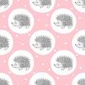 Watercolor cute hedgehogs pattern. Vector seamless dotted background for kids