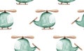 Watercolor cute helicopter pattern. Kids toy cartoon copter background