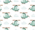 Watercolor cute helicopter pattern. Kids toy cartoon copter background