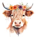 Watercolor cute highland cow with flowers wreath painting. Created with Generative AI Royalty Free Stock Photo