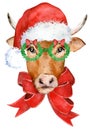 Watercolor Cute horned brown cow with red bow, in glasses and Santa`s hat. Bull symbol 2021, happy New Year.