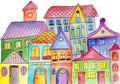 Watercolor cute houses izolated on white background. Hand painting fabulous city illustration. Royalty Free Stock Photo