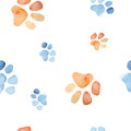 Watercolor cute isolated cat and dog footprints ilustration. Nursary art design. Animal eamless pattern with footstep