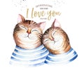 Watercolor cute isolated cat ilustration. Love cartoon cats character for valentine`s card. Nursary art design. Royalty Free Stock Photo