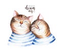 Watercolor cute isolated cat ilustration. Love cartoon cats character for valentine`s card. Nursary art design.