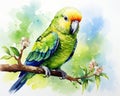 watercolor of a cute kakapo parrot on a branch.