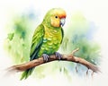 watercolor of a cute kakapo parrot on a branch.