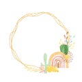 Watercolor cute kids boho rainbow and floral frame. Wreath Childish bohemian double golden glitter texture